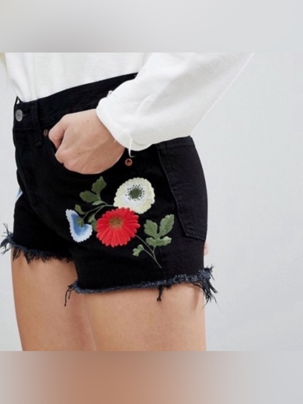 Levi's Black Denim 501’s Shorts with Red & White Floral Embroidery Size 30